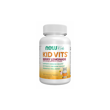 A white bottle of Now Foods Kid Vits Berry Lemonade 120 Chewable Tablets, a children's multivitamin for immune and bone health, features a cartoon character on the label.